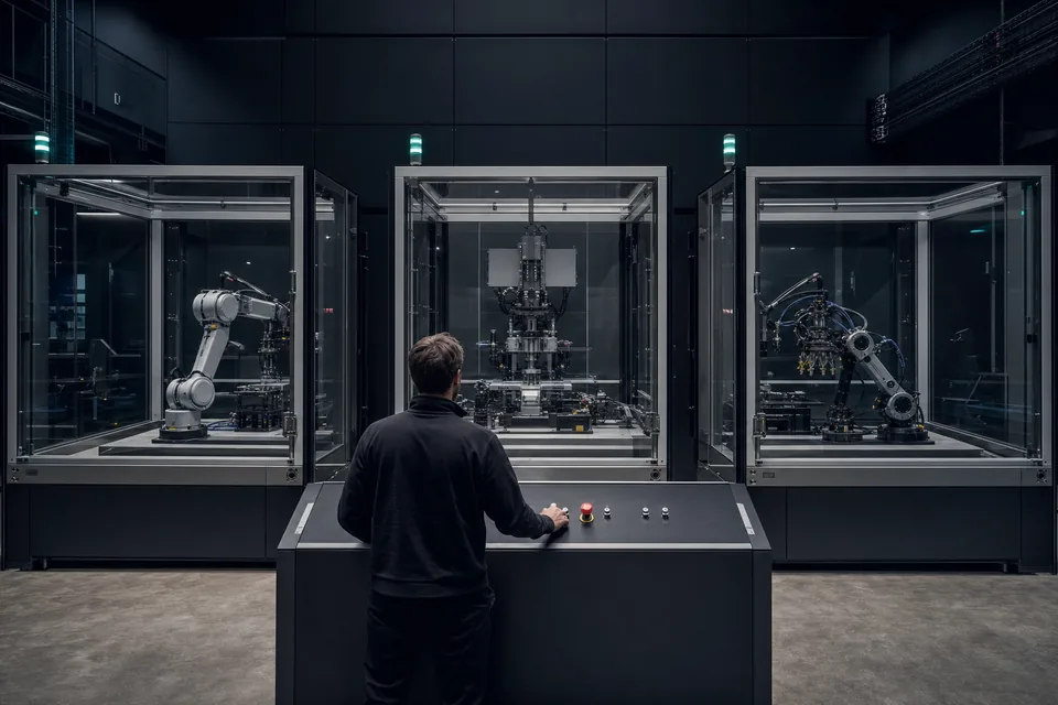 A human operator controls three separated industrial task cells from one safety station.