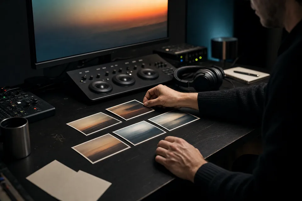An editor arranges printed landscape frames beside a grading surface and headphones in a dark post production room.