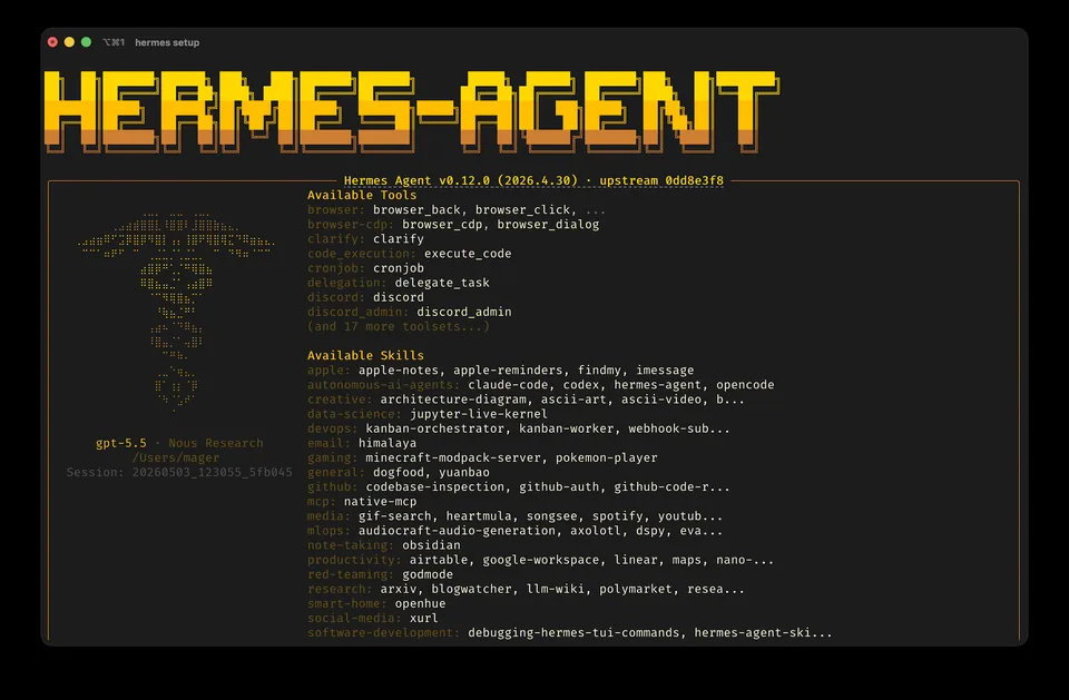 Hermes Agent running in a terminal with its available tools listed beside the prompt.