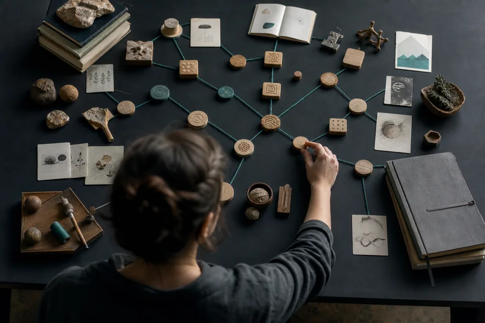 A learner moves a wooden token among several equally weighted paths made from thread, cards, and tactile objects.