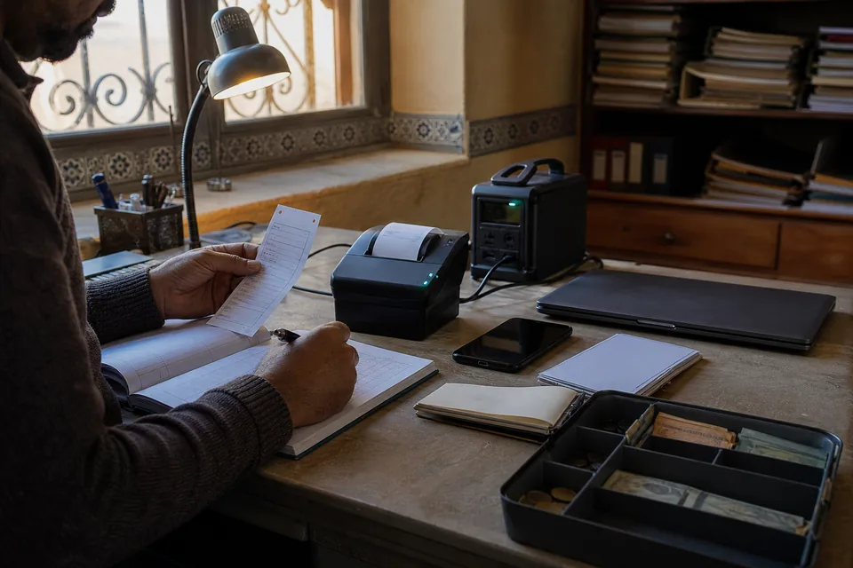 A school administrator records a payment beside a receipt printer, phone, laptop, cash tray, and backup power unit.