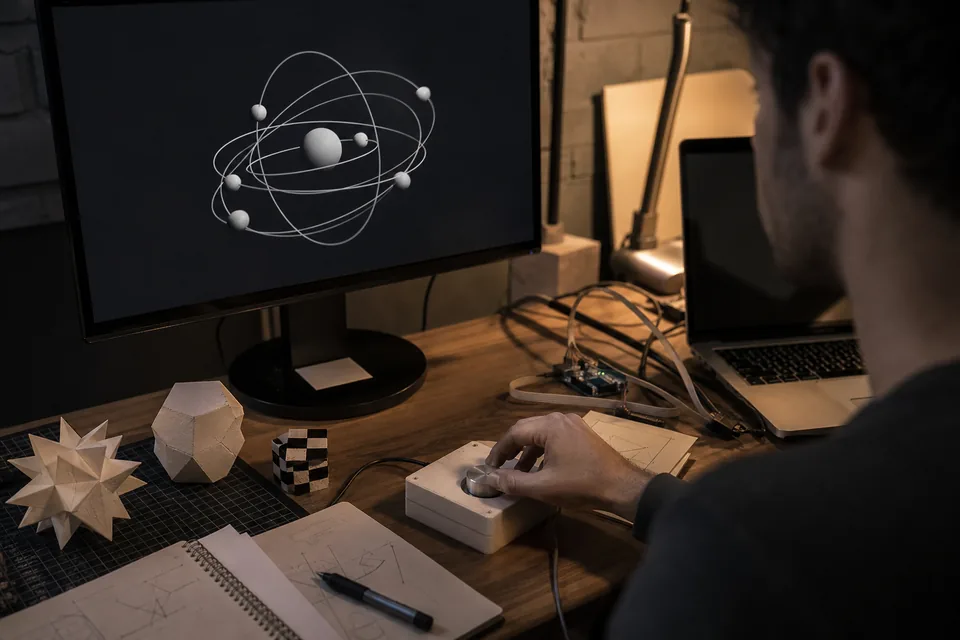 A learner turns a physical dial to control an orbital 3D model on a monitor at a compact maker desk.