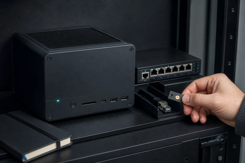 A compact computer sits beside an unplugged network cable while a hand holds a hardware security key.