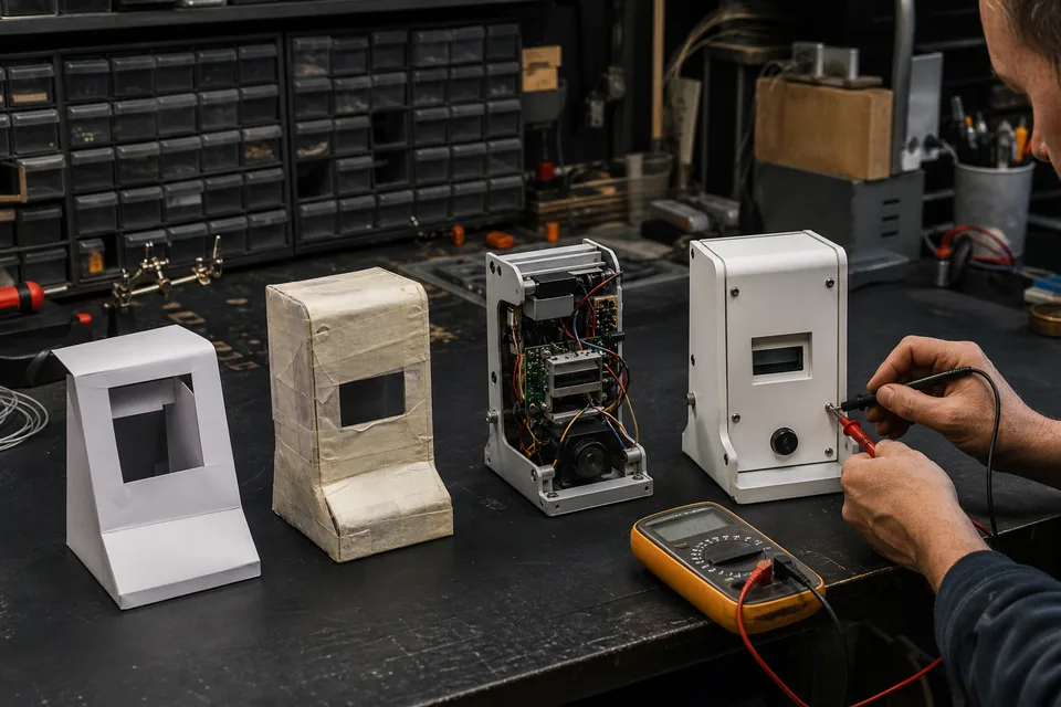 Four versions of one physical product progress from paper model to a working unit being tested with a multimeter.